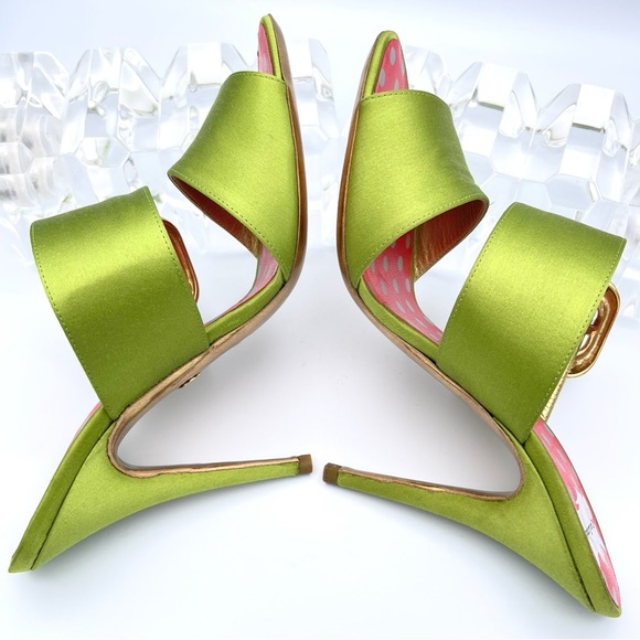 CHRISTIAN LACROIX ⚜️RARE NWT Green Satin Mule Stilettos Jeweled Gold Buckle 36.5 - Picture 4 of 15